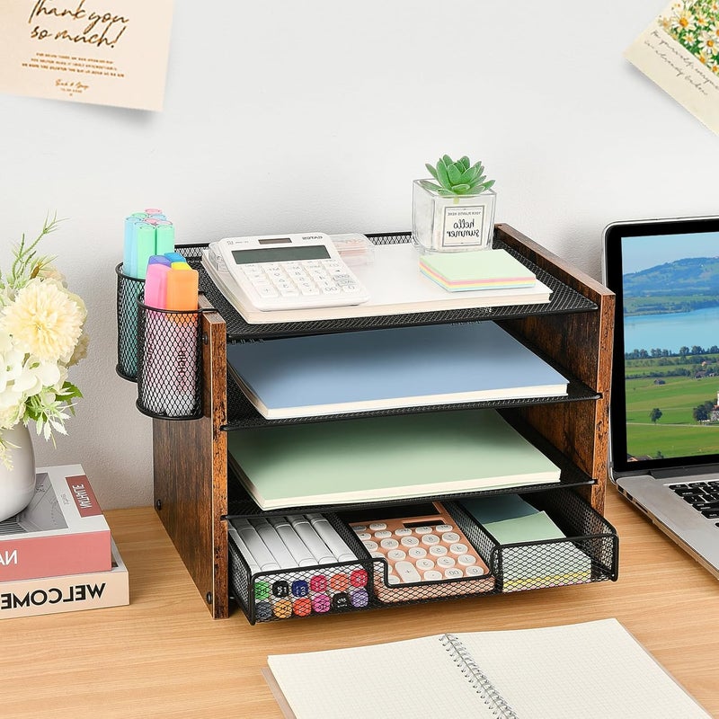 OPNICE OPNCIE Desk Organizer and Accessories, 4-Tier Paper Letter Tray File Organizer with Drawer & 2 Pen Holder, Office Desk Accessories Workspace Desktop Organizer for Office Supplies(Brown) - Image 3